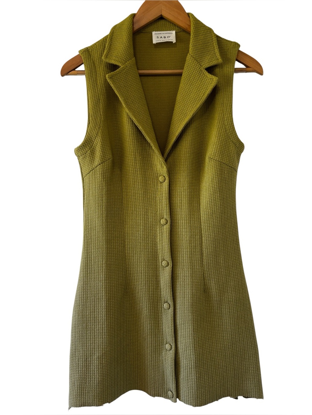 SABO Olive Green Waffle Knit Collared Mini Dress Button Front Sleeveless Size S